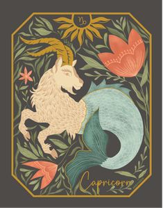 the zodiac sign for capricorn, with flowers and leaves around it on a black background