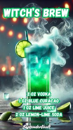 a poster advertising a drink with limes and ice on the rim, which reads witch's brew