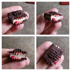 four pictures of a miniature monster with teeth and fangs