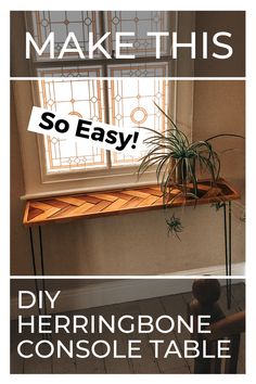 a wooden table sitting in front of a window next to a plant on top of it