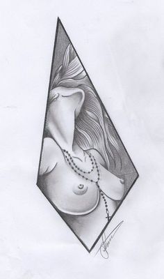 a pencil drawing of a woman with a necklace on her neck in a diamond shape