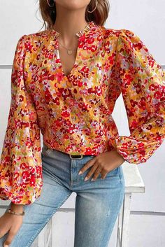 Be the life of the party in this Floral Notched Balloon Sleeve Blouse! Its oversized sleeves and unique notching will have heads turning in astonishment. Look both stylish and chic in this fun and flirty blouse! Material composition: 100% polyester Care instructions: Machine wash cold. Tumble dry low. Imported Product measurements: S: bust 36.7 in, shoulder 14.2 in, sleeve length 25 in, length 24.2 in M: bust 39 in, shoulder 14.8 in, sleeve length 25.4 in, length 25 in L: bust 41.3 in, shoulder Two Piece Set Pants, Refined Fashion, Feminine Elegance, Fashion Bottoms, Blouse Sale, Balloon Sleeve Blouse, Latest Tops, Pretty Blouses, Bubble Sleeve