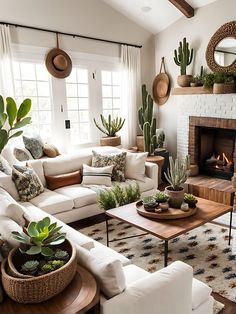 a living room filled with lots of furniture and plants on top of a fire place