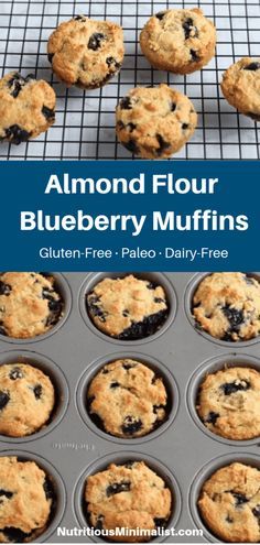 blueberry muffins are cooling on a rack with the words, almond flour