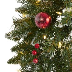 a red ornament hanging from the top of a christmas tree with snow on it