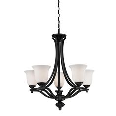 a black chandelier with five lights hanging from it's center and two white shades