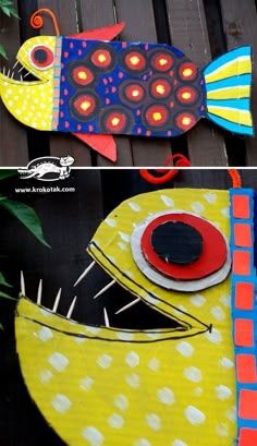 two different pictures of fish made out of cardboard