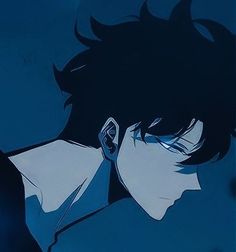 an anime character with black hair and blue eyes looking off into the distance in front of a dark background