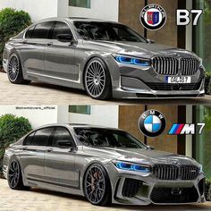 the new bmw 7 series sedan is shown in two different pictures, and it appears to be silver