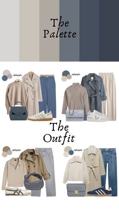 Colour Palette Inspiration Fashion, Soft Summer Bags, Soft Color Code Outfits, Taupe Color Combinations Outfit, Beige Complementary Colors, Dusty Blue Outfit Color Combos, Soft Summer Outfit Ideas, Taupe Outfit Color Combinations, Gray Blue Outfit