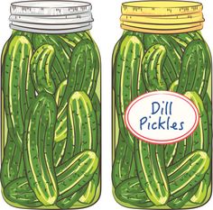 two jars filled with pickles sitting next to each other