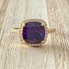 Cushion Cut Amethyst Halo Ring. Gold Plating Over 925 Sterling Silver. Halo Ring, Halo Rings, Ring Gold, Cushion Cut, Womens Jewelry Rings, Purple Gold, Gold Plating, Silver Color, Halo