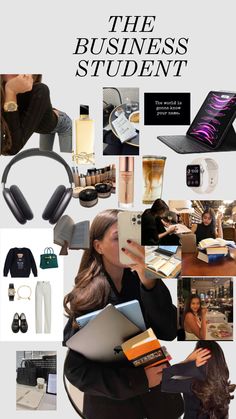 the business student is looking at her cell phone and headphones, while surrounded by other items