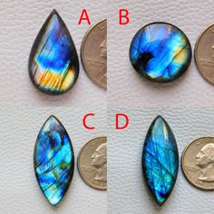 Buy Online Labradorite Gemstone directly from factory , Labradorite Cabochon have multi colors and its a healing stone. Blue labradorite cabochon pear shape and oval shape is regular shape of gemstone but buyer also used to purchase calibrated round shape labradorite gemstone we have all kind of multi purple labradorite gemstone Below is detail of above listed labradorite gemstone  A - 28X16X7- 30CTS- #34 Pear Shape B - 22X22X7- 35CTS- #35 Round Shape C - 41X18X7- 47CTS- #44 Marquise Shape D - 40X16X7- 60CTS- #46 Marquise Shape olish == Both Side Hand Polished (Super Glossy and smooth) QUALITY == Top Quality NOTE -: The goods weight might be different 5% -) at maximum. if you want to see more item .Below is the link for my shop. Blue Gemstone Cabochons For Gift, Labradorite Cabochon, Purple Labradorite, Blue Labradorite, Healing Stone, Pear Shape, Healing Stones, Oval Shape, Round Shape