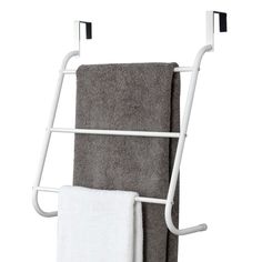 a towel rack with two towels hanging on it