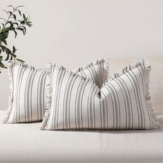 two pillows sitting on top of a white couch next to a potted green plant