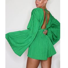 Green Romper/Dress Pretty Little Thing Beautiful Green New With Tags Never Worn Purchased For $44 Size Us 4 Green Playsuit, Strappy Mules, Womens Playsuits, Playsuit Romper, Looks Chic, Green Satin, Satin Material, Romper Dress, Bright Colours