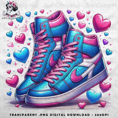 a pair of blue and pink sneakers with hearts on the side, in front of a white