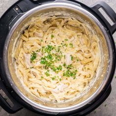 an overhead view of pasta with chicken and parsley in a crock pot on the stove