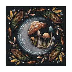 a painting of mushrooms on a plate surrounded by leaves