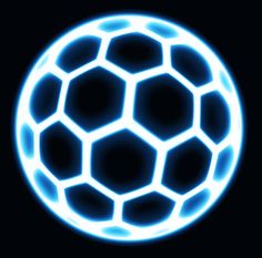 a glowing soccer ball on a black background with blue light around the top and bottom