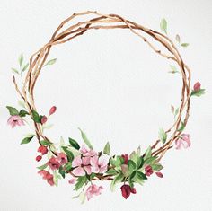 a watercolor wreath with pink flowers and green leaves