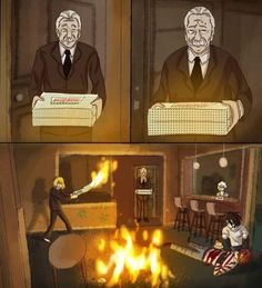 an animated scene with two people in front of a fire and one person holding a box