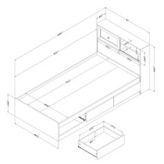 an outline drawing of a bed with drawers