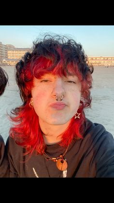 Curly Hair Dye Men, Mullet Hair Dye Ideas, Shag Mullet With Bangs, Mullet On Round Face, Short Alt Hair Round Face, Curly Deathhawk, Dyed Hair Guys, Curly Masc Hair, Dyed Mullet Men