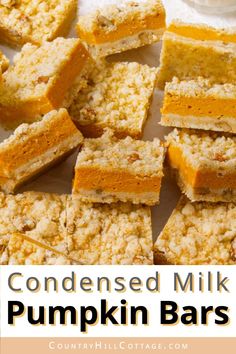 pumpkin bars are stacked on top of each other with the words, condenseed milk pumpkin bars