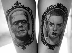 two tattoos on the legs of people with pictures of them and their faces in frames