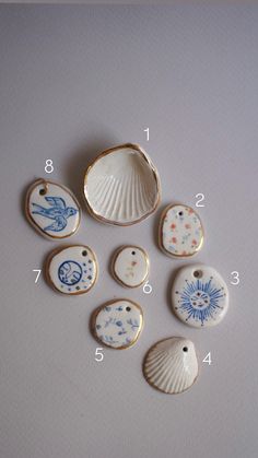 shells and seashells are arranged in the shape of an ornament on a white surface