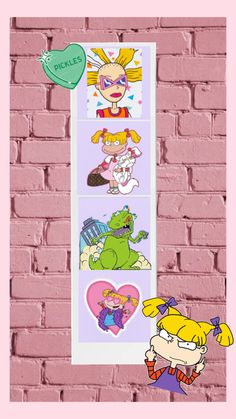 the simpsons characters stickers are hanging on a brick wall