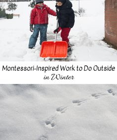 two children playing in the snow with an orange suitcase