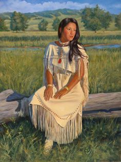 an oil painting of a native american woman sitting on a log in a grassy field