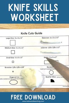 the knife skills worksheet is shown on a cutting board with text overlay