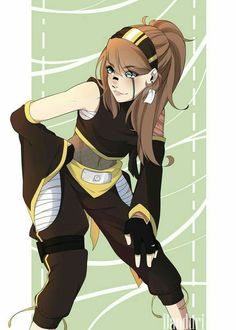 an anime character with brown hair and black pants, holding her arms out to the side