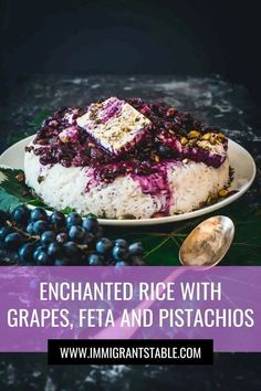 an image of rice with grapes, feta and pistachios on a plate