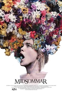 a woman with flowers on her head and the words midsomar written below it