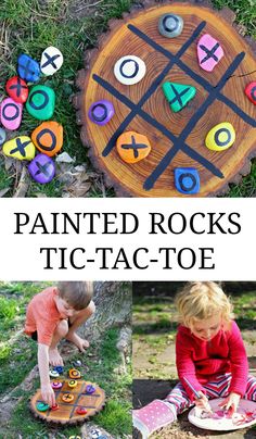 kids playing with painted rocks and tic - tac - toe game in the grass