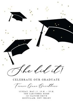 graduation party flyer with three graduates in black caps and gold confetti on white