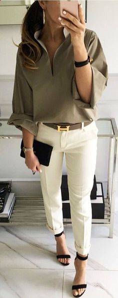 Business professional outfit khaki shirt cream cigarette pants clutch Khaki Blouse, Professional Outfit, Work Outfit Office, Business Professional Outfits, Stylish Winter Outfits, Office Outfits Women, Business Professional