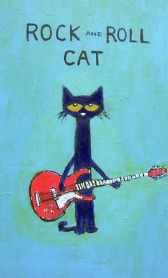 a painting of a black cat holding a red guitar with the words rock and roll cat on it