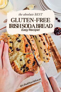 a person cutting bread on top of a wooden board with the words gluten - free irish soda bread