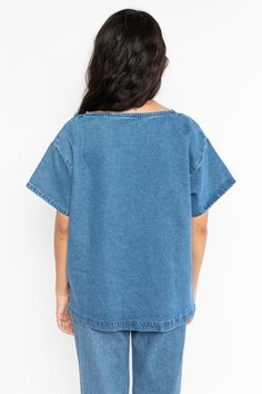 The Denim T-Shirt is constructed out of 10 oz denim and then dyed and treated with enzymes for a slight softening effect. The result is a workwear-inspired piece that’s functional and perfect in its simplicity. Features a slightly oversized, boxy fit with side seam vents at the hem. Wear this alone as a top or layer over long sleeves. | Shirt For Women In Dark Medium Wash, Size Xs Denim T Shirt, Sweaters And Leggings, Shirt For Women, Denim Wash, Sweater Jacket, Jumpsuit Dress, Shirt Style, Work Wear, Colorful Shirts