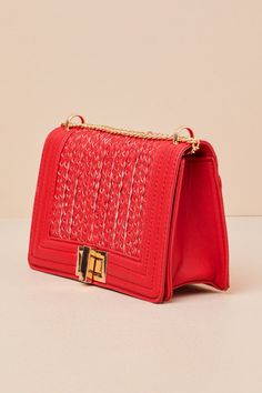 Meet up with the girls in chic style with the Lulus Let's Go Out Later Red Braided Crossbody Bag! Faux leather shapes this trendy structured crossbody bag that has braided accents and a shiny gold turn clasp with a matching chain strap. The roomy interior has a zippered side pocket and three sidewall pockets that are perfect for stashing those cards you always need handy! Lined. Bag Measures 9" Wide, 5. 5" tall, And 3" Deep (Relaxed). Adjustable 45" Shoulder Strap. Strap Has a Drop Between 12. 5 Trendy Evening Bag With Braided Handles, Trendy Evening Bags With Braided Handles, Chic Red Flap Bag With Gold-tone Hardware, Trendy Evening Shoulder Bag With Braided Handles, Chic Red Flap Bag, Trendy Party Bags With Braided Handles, Red Bags With Braided Handles, Gold Shoulder Bag With Braided Handles For Formal Occasions, Chic Party Bags With Braided Handles