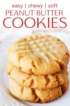 three cookies stacked on top of each other with the words, easy i chewy soft peanut butter cookies