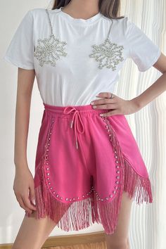 These pink fringe shorts with rhinestone details are super cute and fun to wear! Pair them with a white bling t-shirt for a stylish look. Description: *asymmetrical mini shorts *Fringe hem *rhinestones embellished *elastic waistband with string *High rised *Relaxed Fabric Contents *70%Cotton 28%Polyester 2%Spandex **Small Size *Waist: 27.5 inches *Hip: 41.5 inches *Length: 13.25 inches *Inseam: 1.75 inches Shorts Fringe, Fringe Shorts, Fringe Shirt, Short Fringe, Mini Shorts, Pink Ladies, Super Cute, Spandex, Elastic