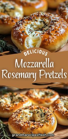 delicious mozzarella rosemary pretzels on a cutting board with text overlay