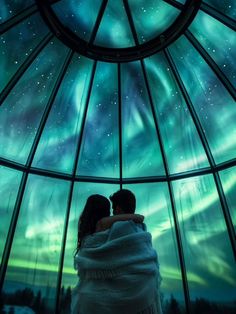 two people standing in front of a glass dome looking at the sky with aurora lights